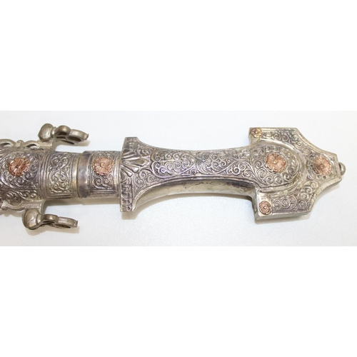 1402 - A vintage Khanjar dagger with silver and gold plated handle and case, a Caucasian Cossak Kinjal dagg... 