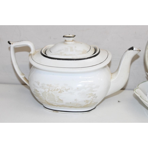 1574 - Newhall Porcelain - antique teapots, 2-handled tureen and a shallow dish