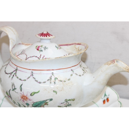 1574 - Newhall Porcelain - antique teapots, 2-handled tureen and a shallow dish