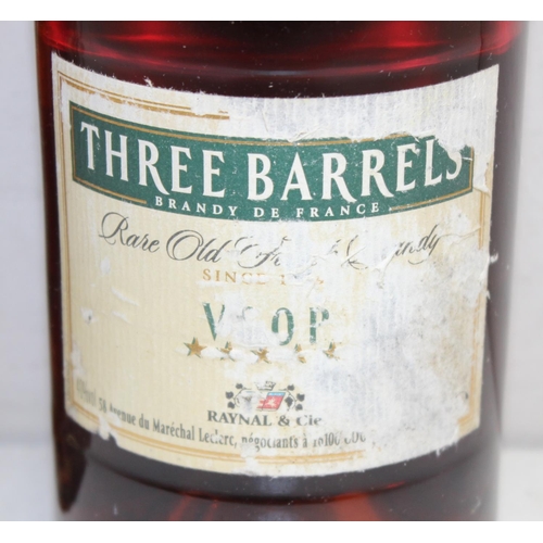 1599B - 2 x bottles of brandy - 1 litre Three Barrels and 35cl Martell Fine Cognac