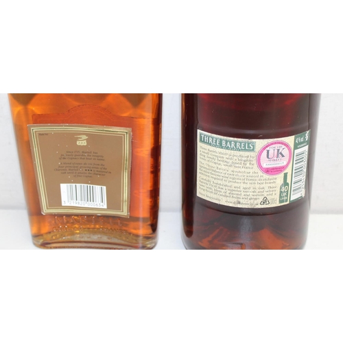 1599B - 2 x bottles of brandy - 1 litre Three Barrels and 35cl Martell Fine Cognac