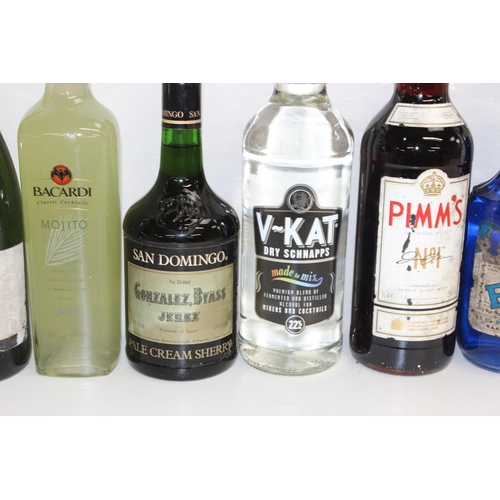 1599M - Qty of mixed alcohol to incl V. Kat Dry Schnapps, vintage Bols Curacao, Pimm's, Babycham etc