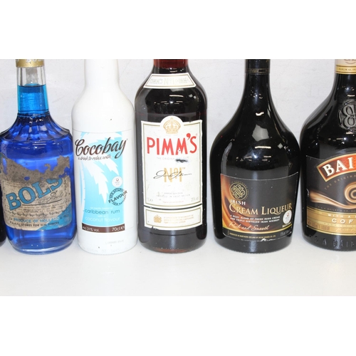 1599M - Qty of mixed alcohol to incl V. Kat Dry Schnapps, vintage Bols Curacao, Pimm's, Babycham etc