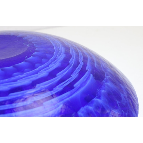 1665 - A large blue luster finished art glass bowl, seemingly unmarked, approx 41cm in diameter