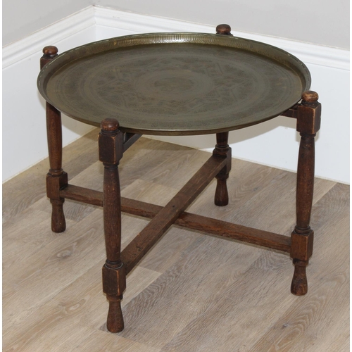 152 - Vintage Benares table with engraved brass top, approx 58cm x 58cm x 48cm