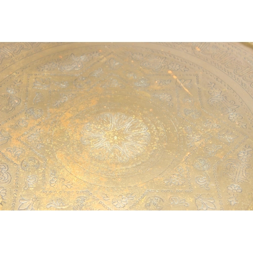 152 - Vintage Benares table with engraved brass top, approx 58cm x 58cm x 48cm