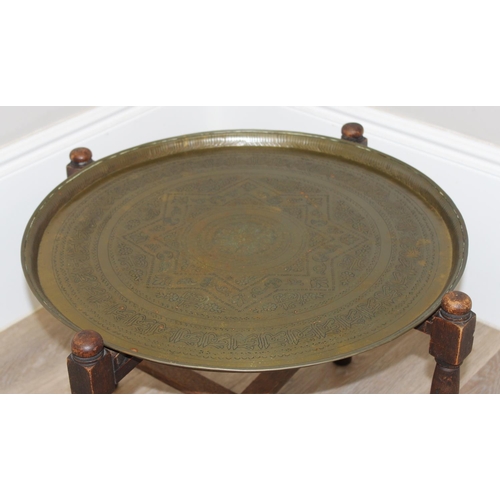 152 - Vintage Benares table with engraved brass top, approx 58cm x 58cm x 48cm