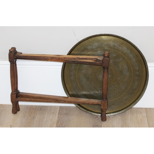 152 - Vintage Benares table with engraved brass top, approx 58cm x 58cm x 48cm