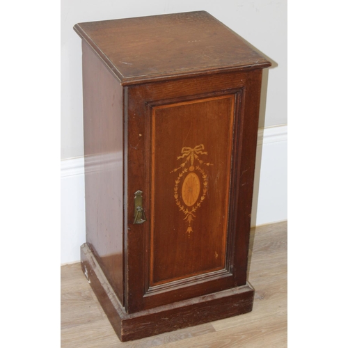 146 - An Edwardian Sheraton Revival inlaid mahogany pot cupboard with single drawer, approx 40cm square x ... 