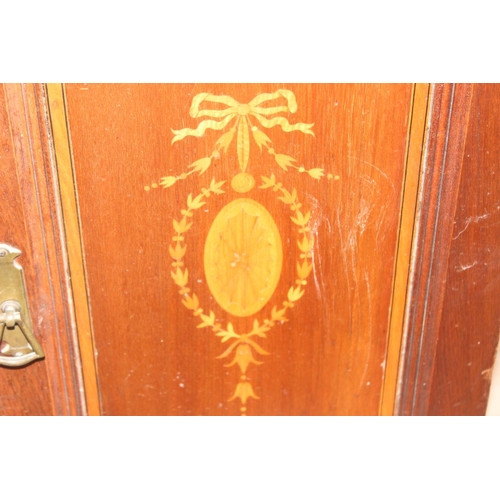 146 - An Edwardian Sheraton Revival inlaid mahogany pot cupboard with single drawer, approx 40cm square x ... 