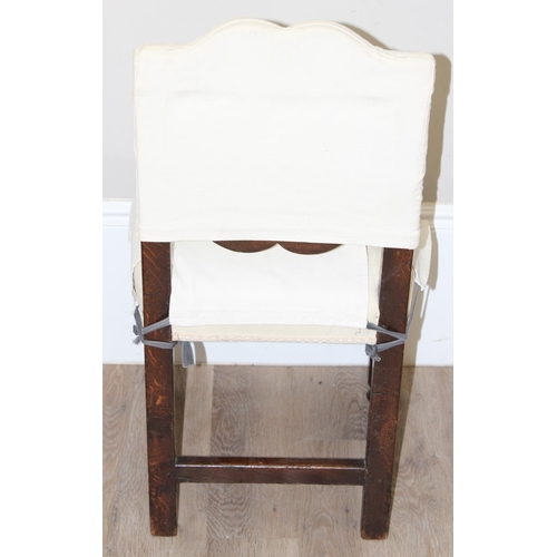 115 - 4 oak dining chairs with cream coverings, Carolean style