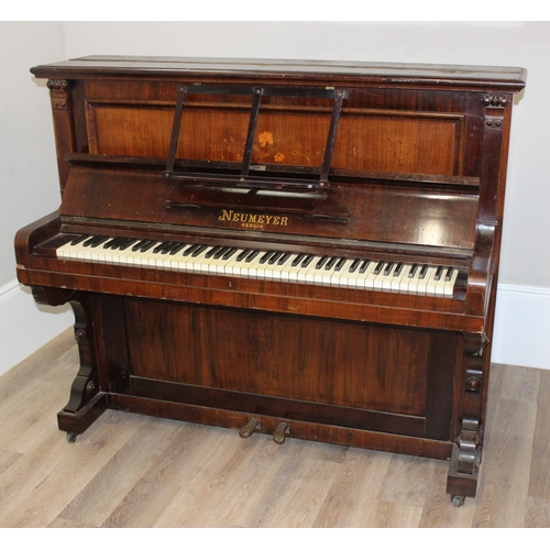 123 - Neumeyer of Berlin upright piano retailed through S. Hermitage, with marquetry inlaid details, appro... 