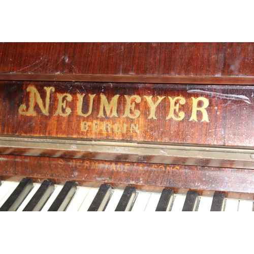 123 - Neumeyer of Berlin upright piano retailed through S. Hermitage, with marquetry inlaid details, appro... 