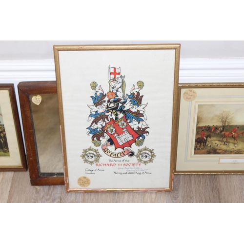 494 - Qty of antique and later framed prints and a mirror, largest approx 44cm 32cm