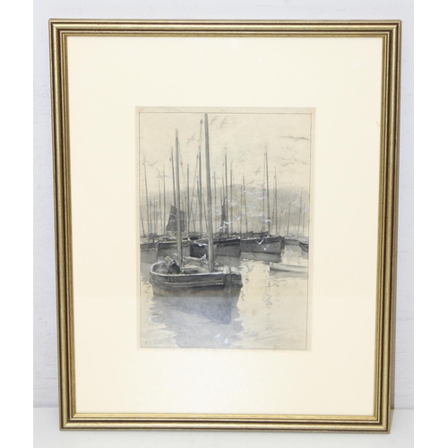 509 - Arthur Leslie Collins (XIX-XX), watercolour of moored boats signed A.L. Collins lower left, approx 3... 