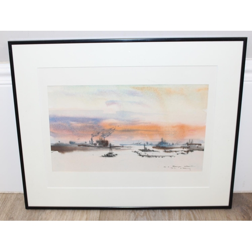 514 - An vintage ink wash painting of harbour scene at sunset, dated 1972 but indistinctly signed, approx ... 