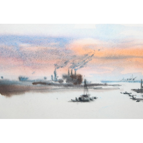 514 - An vintage ink wash painting of harbour scene at sunset, dated 1972 but indistinctly signed, approx ... 