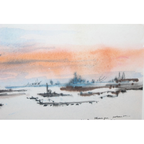 514 - An vintage ink wash painting of harbour scene at sunset, dated 1972 but indistinctly signed, approx ... 