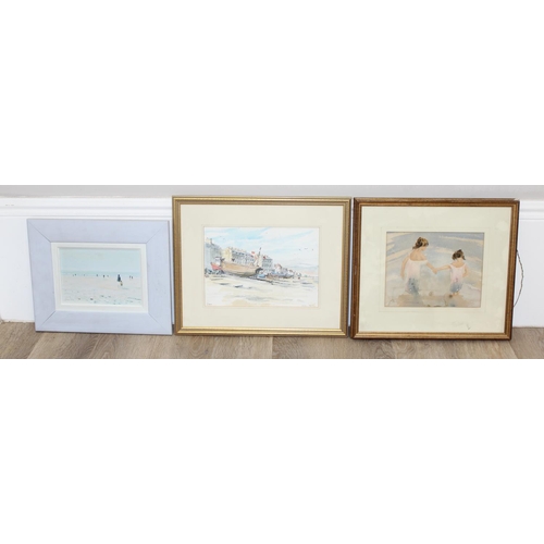 520 - A watercolour of boats moored on the beach, indistinctly signed, a painting of people in the distanc... 