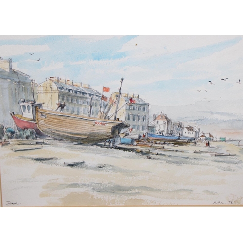 520 - A watercolour of boats moored on the beach, indistinctly signed, a painting of people in the distanc... 