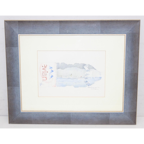 521 - Original watercolour of a ship in an Evian water bottle, indistinctly signed but dated 2001, framed,... 