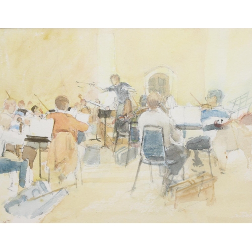 523 - 3 watercolours of people playing instruments, 2 by the same hand indistinctly signed, the other init... 