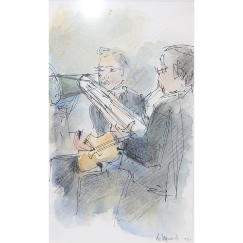 523 - 3 watercolours of people playing instruments, 2 by the same hand indistinctly signed, the other init... 