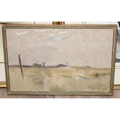 525 - 3 watercolours of landscape scenes to incl 'Caistor in Norfolk' by Karl Bradon, 1 of remote houses i... 