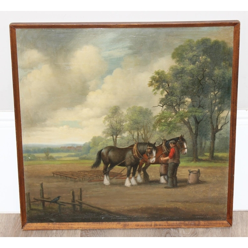 534 - A vintage oil on panel of a farmer with a pair of shire horses and a plough, signed lower right MacK... 