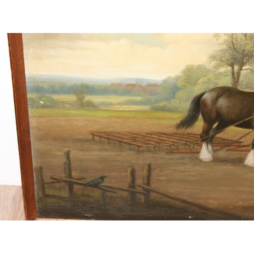 534 - A vintage oil on panel of a farmer with a pair of shire horses and a plough, signed lower right MacK... 