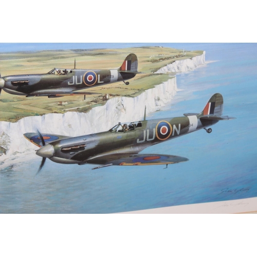 537 - Large limited edition aviation print (707/850) of the original by John Young, depicting 3 RAF Spitfi... 