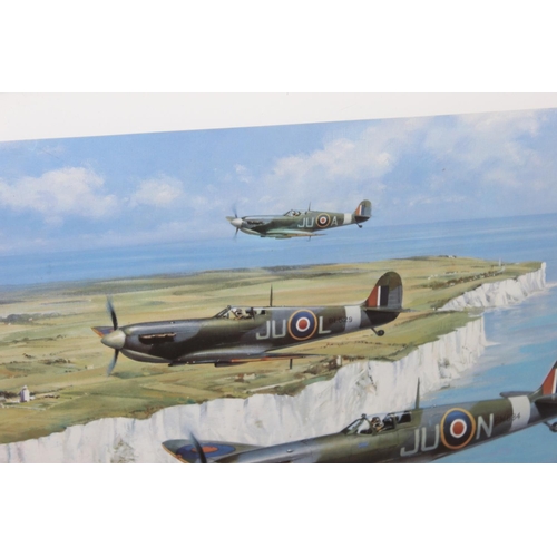 537 - Large limited edition aviation print (707/850) of the original by John Young, depicting 3 RAF Spitfi... 