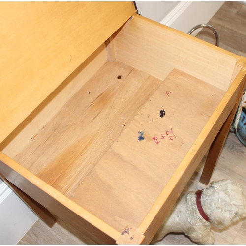 695 - Vintage pine children's school desk, with a push-along dog stuffed dog, tin-plate tricycle and ride ... 