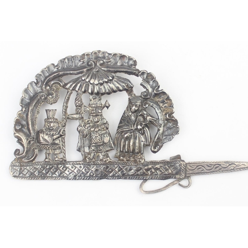 1084 - A South American silver Tupu Pin depicting Incan motifs, likely 19th century, seemingly unmarked but... 