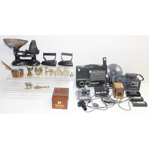 1649 - Qty of assorted cameras and accessories, iron scales and weights, other brass items, qty of small co... 