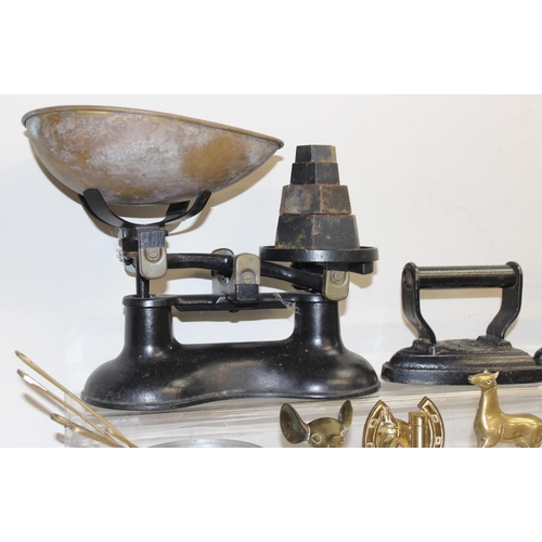 1649 - Qty of assorted cameras and accessories, iron scales and weights, other brass items, qty of small co... 