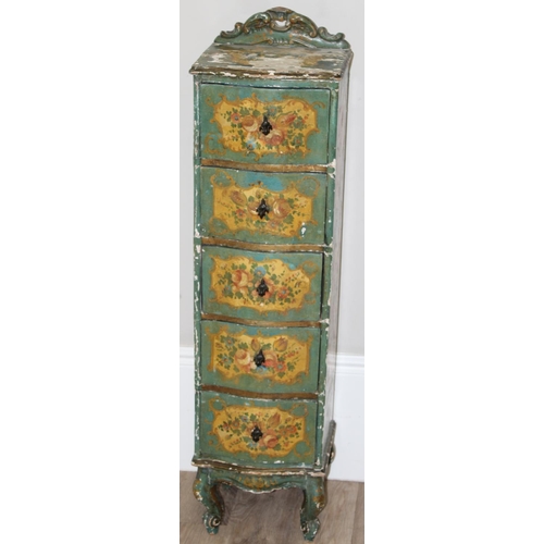 97 - An antique pine 5 drawer chest of drawers of unusual slim form with distressed floral painted finish... 