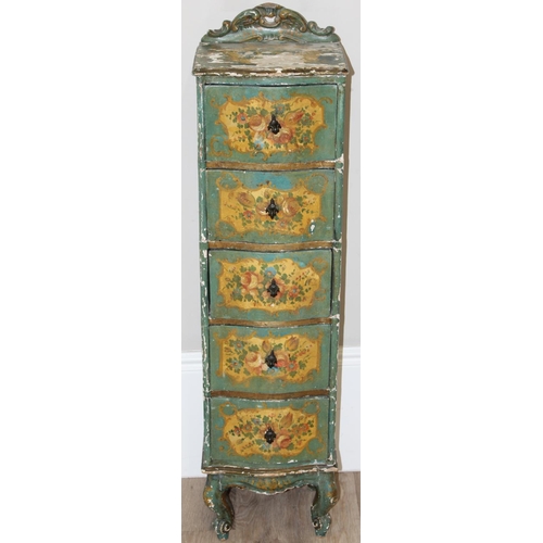 97 - An antique pine 5 drawer chest of drawers of unusual slim form with distressed floral painted finish... 