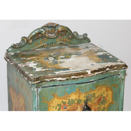 97 - An antique pine 5 drawer chest of drawers of unusual slim form with distressed floral painted finish... 