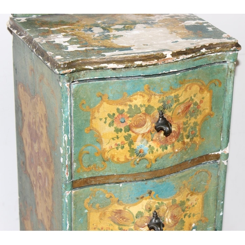 97 - An antique pine 5 drawer chest of drawers of unusual slim form with distressed floral painted finish... 