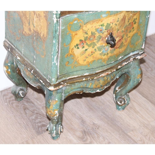 97 - An antique pine 5 drawer chest of drawers of unusual slim form with distressed floral painted finish... 