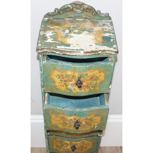 97 - An antique pine 5 drawer chest of drawers of unusual slim form with distressed floral painted finish... 