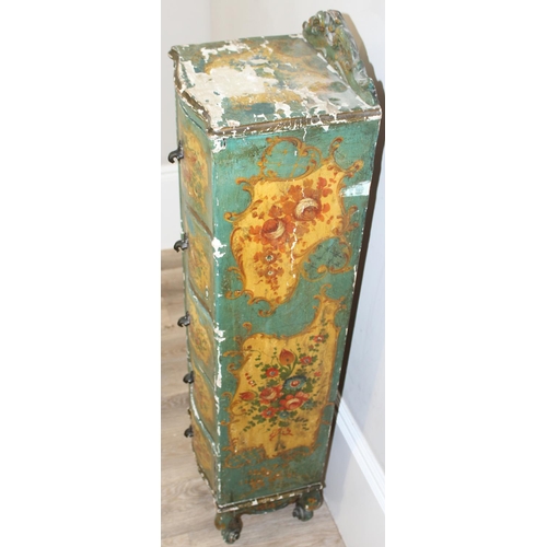 97 - An antique pine 5 drawer chest of drawers of unusual slim form with distressed floral painted finish... 