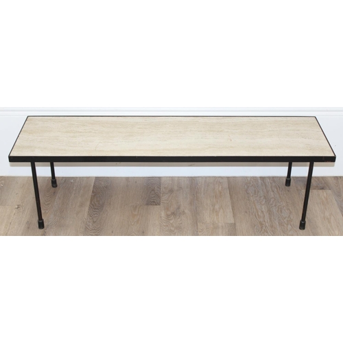 121 - A retro white marble topped coffee table with black painted metal base, seemingly unmarked but likel... 