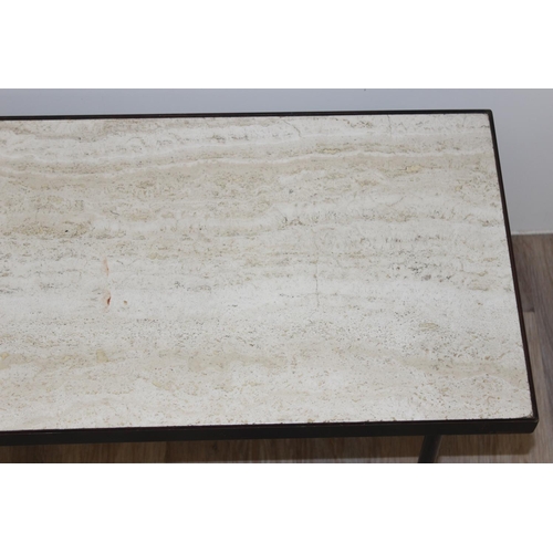 121 - A retro white marble topped coffee table with black painted metal base, seemingly unmarked but likel... 