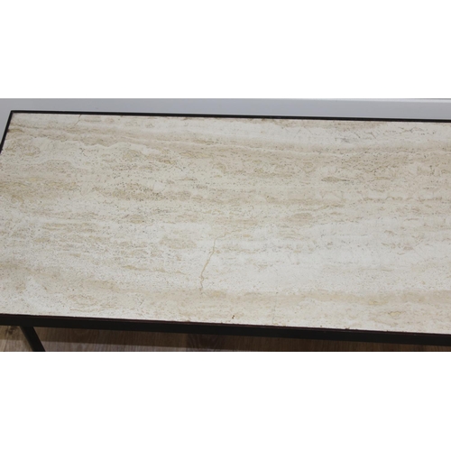 121 - A retro white marble topped coffee table with black painted metal base, seemingly unmarked but likel... 