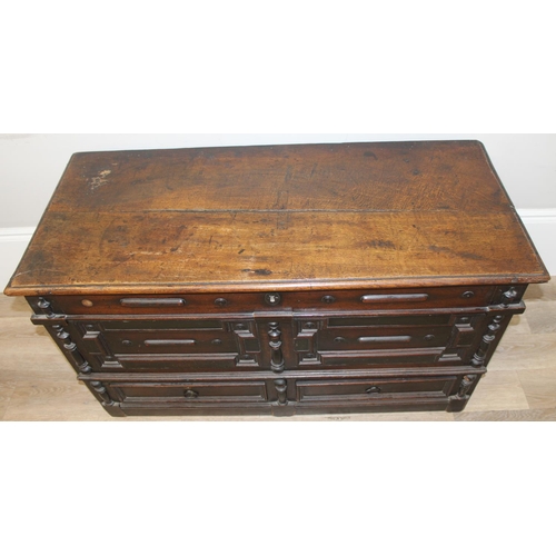 91 - A 17th or early 18th century oak mule chest with 2 drawers to base, lift up top and later lined wood... 