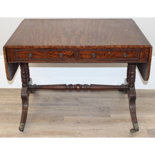 79 - A superb quality 19th century mahogany drop leaf sofa table with 2 drawers with beaded edging, decor... 