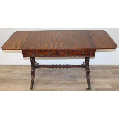 79 - A superb quality 19th century mahogany drop leaf sofa table with 2 drawers with beaded edging, decor... 