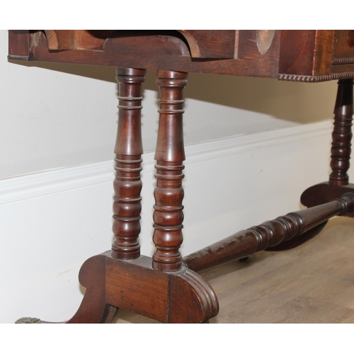 79 - A superb quality 19th century mahogany drop leaf sofa table with 2 drawers with beaded edging, decor... 